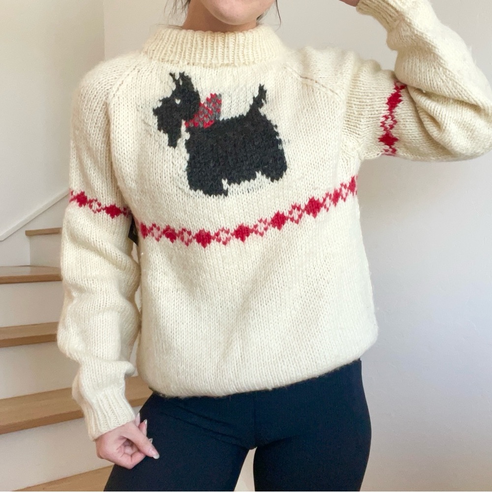 Vintage Nancy Thomas Scottie Scotty Black Dog Pure New Wool Chunky Knit Sweater